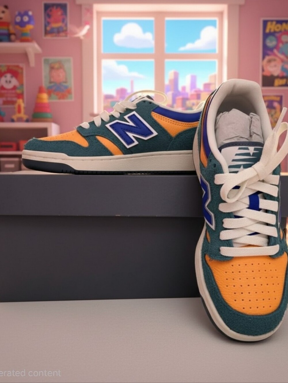 New Balance Kids Teal Suede & Orange Leather Sneakers with Blue Logo